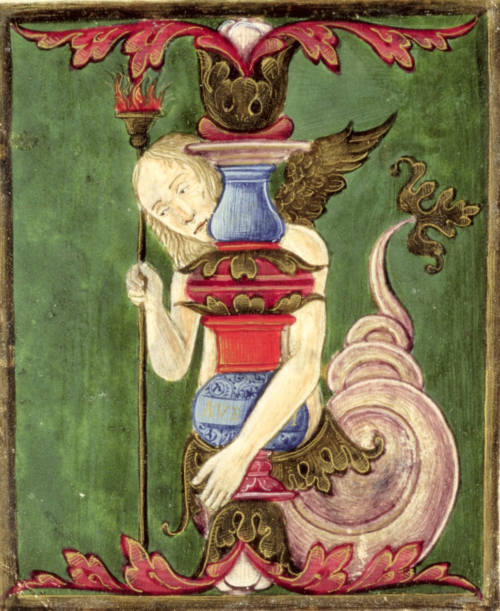 Historická iniciála „I“ zobrazující okřídlenou mořskou pannu (vellum) od Italian School