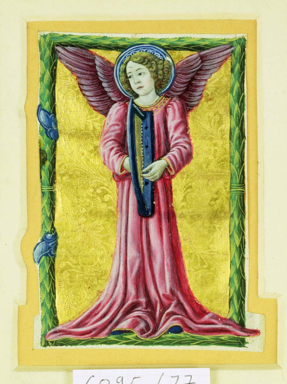Historická iniciála „I“ zobrazující andělského hudebníka hrajícího na harfu (vellum) od Italian School
