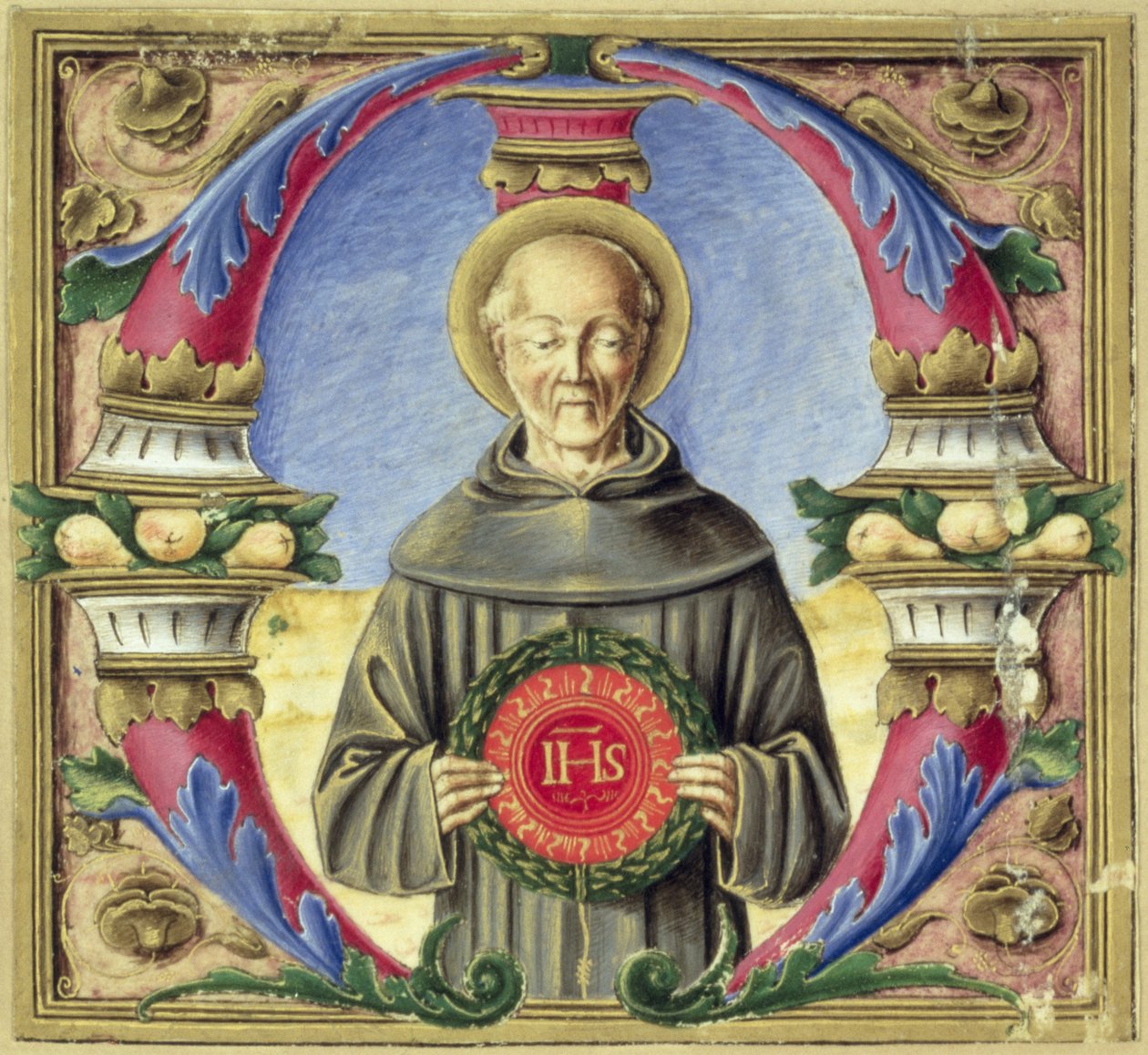 Historická iniciála „M“ zobrazující sv. Bernardina ze Sieny (vellum) od Italian School