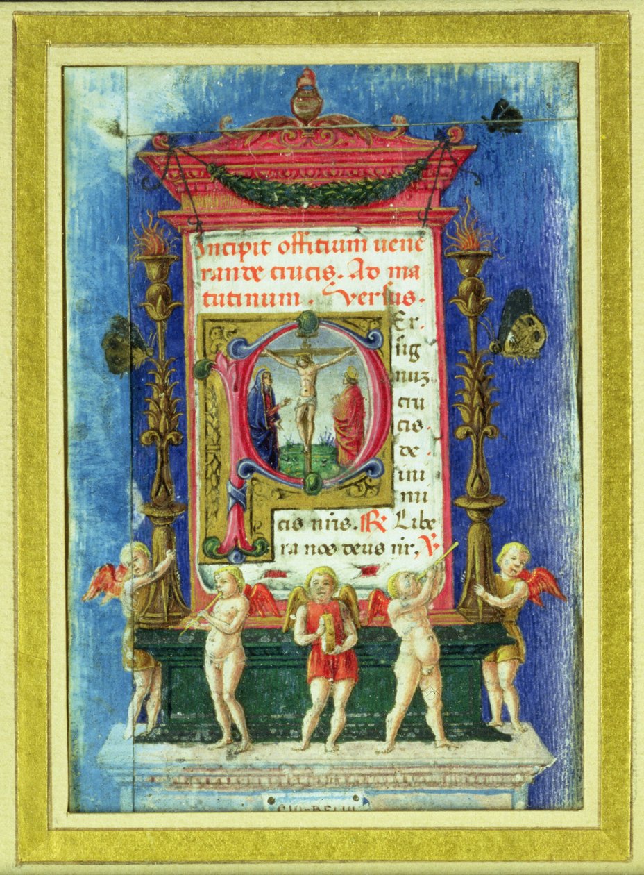 Historická iniciála „P“ zobrazující Ukřižování, stránka z Knihy hodin (vellum) od Italian School