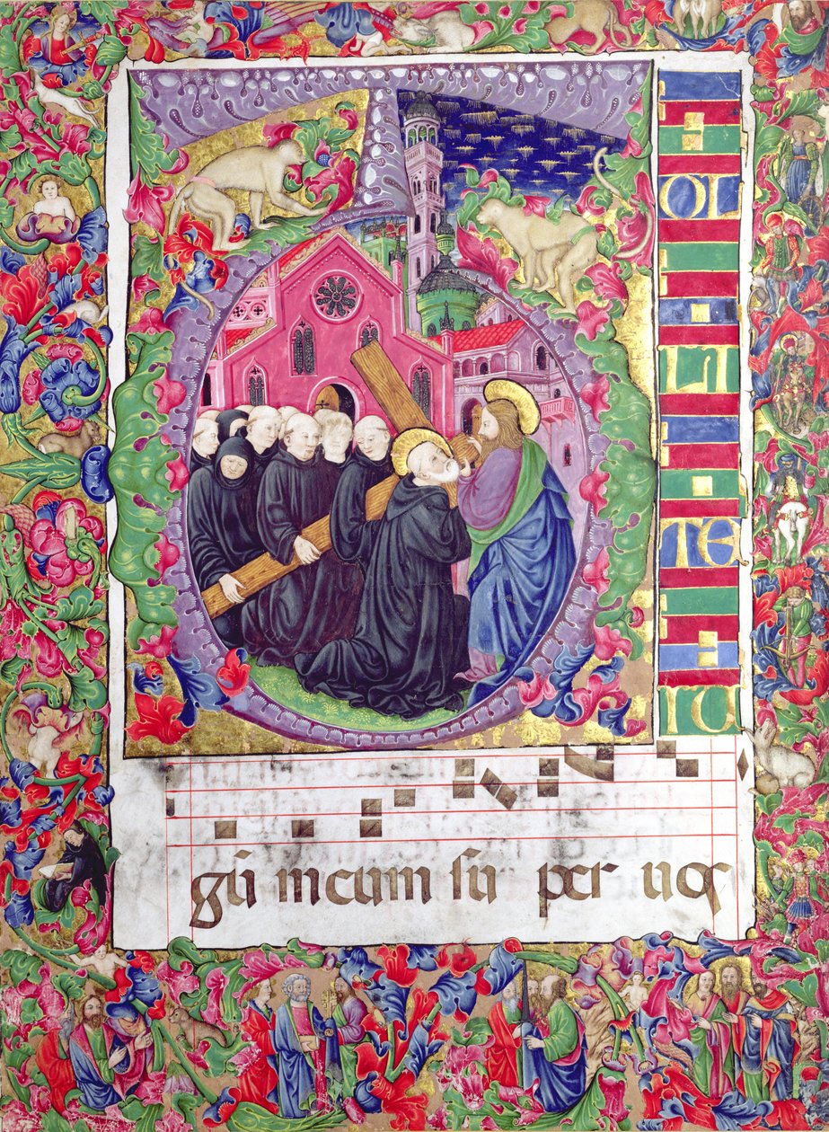 Historická iniciála „Q“, zobrazující Krista držícího kříž svatého Benedikta a benediktinských mnichů z Benátek, kolem roku 1440 (vellum) od Italian School