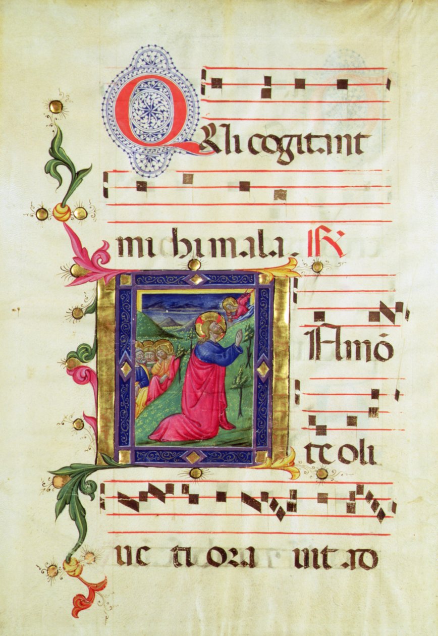 Historická iniciála „Q“ zobrazující Agónii v zahradě (vellum) od Italian School