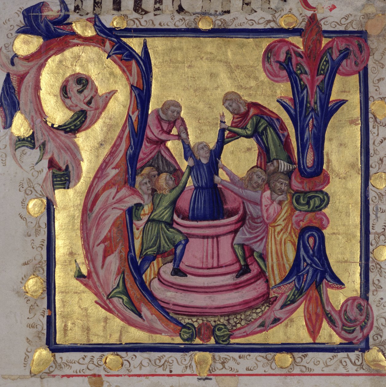 Historická iniciála „U“ zobrazující Josefa vytahovaného ze studny svými bratry, toskánská škola (vellum) od Italian School