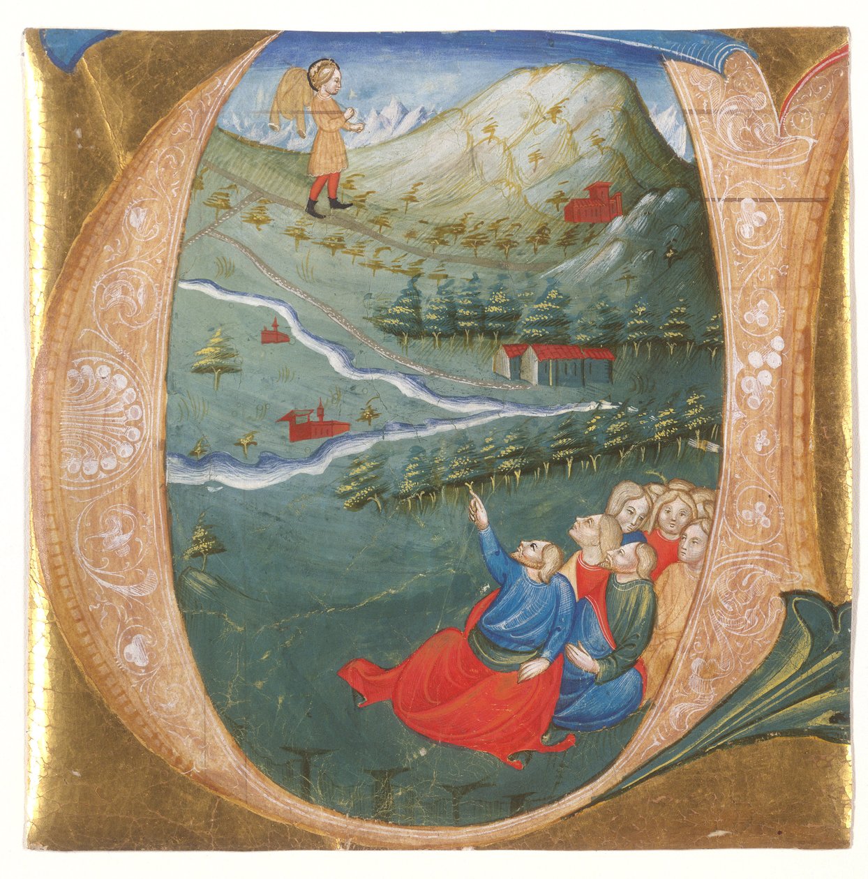Historická iniciála zobrazující Elizea v Eliášově plášti, vystřižená z antifonáře, kolem roku 1440 (tempera a zlatý list na pergamenu) od Italian School