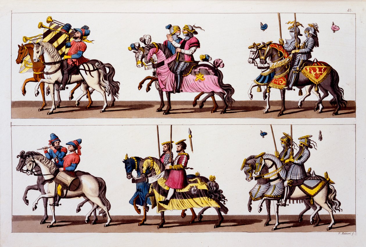 Svatá říše římská: Účastníci turnaje na lucemburském hradě v době Maxmiliána I. z Costumi dei Romani, Svizzeri.. kolem 1800-18 od Italian School