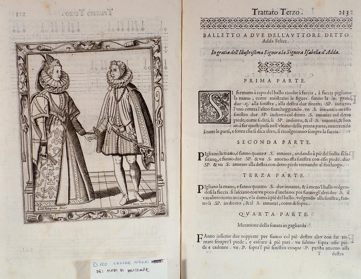Jak tančit balet pro dva Dvojstrana Le Gratie dAmore (Le Grazie dAmore) od italského tanečníka Cesare Negriho zvaného Il Trombone (1536-1604), smlouva o tanci od Italian School