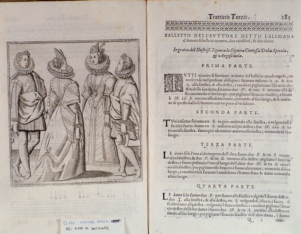 Jak tančit Alemanna Dvojstrana Le Gratie dAmore (Le Grazie dAmore) od italského tanečníka Cesare Negriho zvaného Il Trombone (1536-1604), smlouva o tanci od Italian School