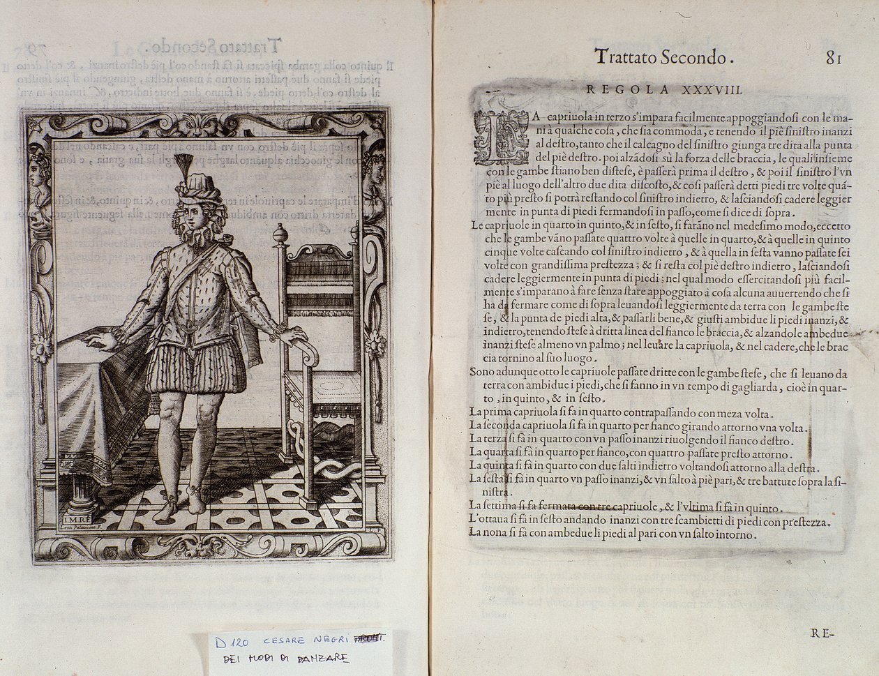 Jak tančit capriolu Dvojstrana Le Gratie dAmore (Le Grazie dAmore) od italského tanečníka Cesare Negriho zvaného Il Trombone (1536-1604), smlouva o tanci od Italian School