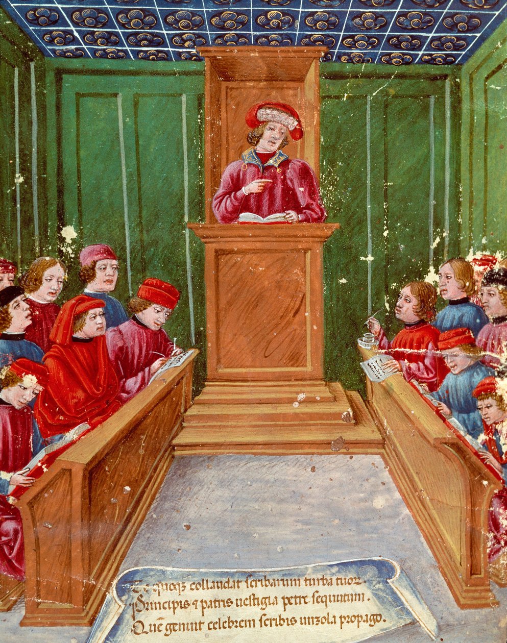 Humanismus: “”Výuka notářského práva na univerzitě v Bologni”” Miniatura z rukopisu z 15. století Museo Civico, Bologna od Italian School