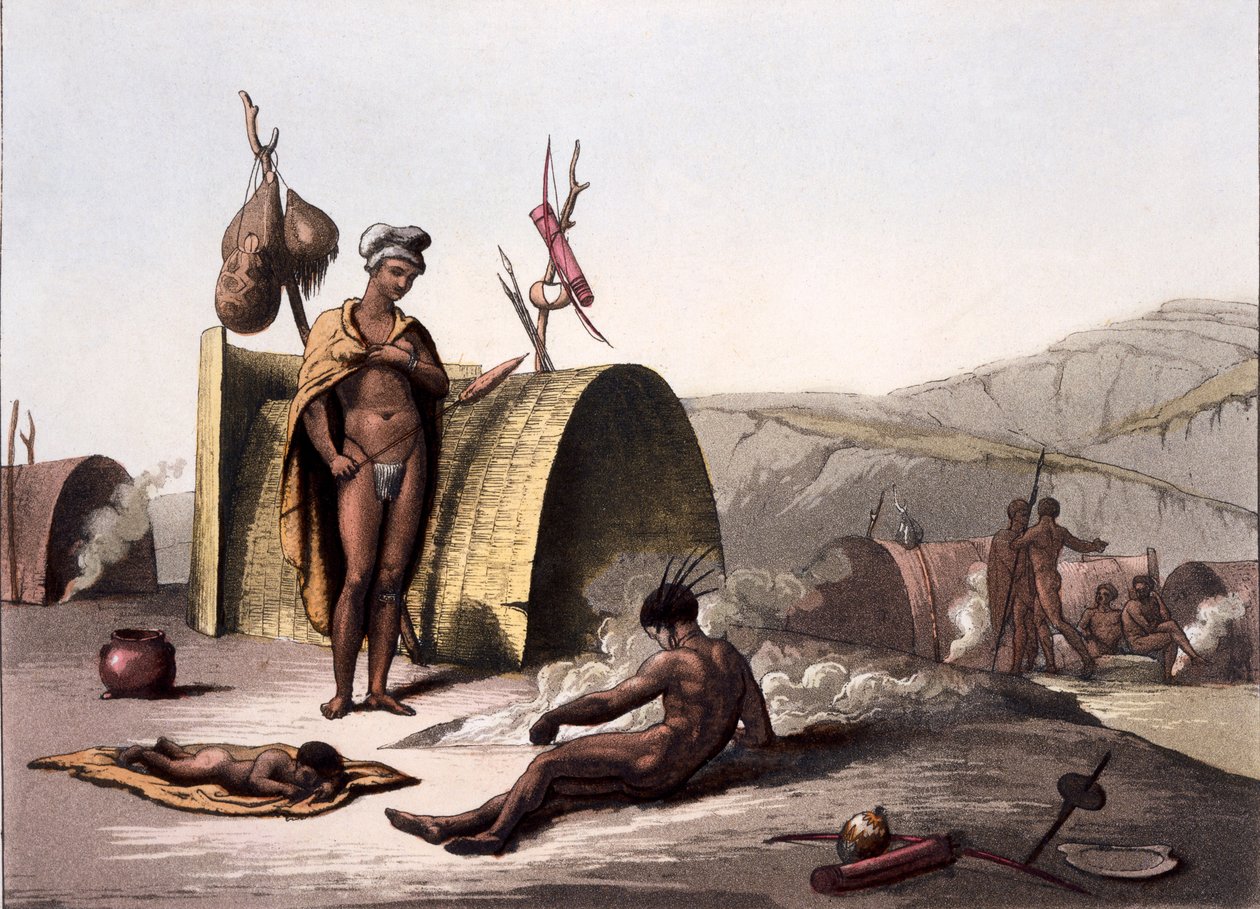 Chatrče a způsob táborového života Křováků, z Costumi dei... Giulio Ferrario, cca 1820-30s od Italian School