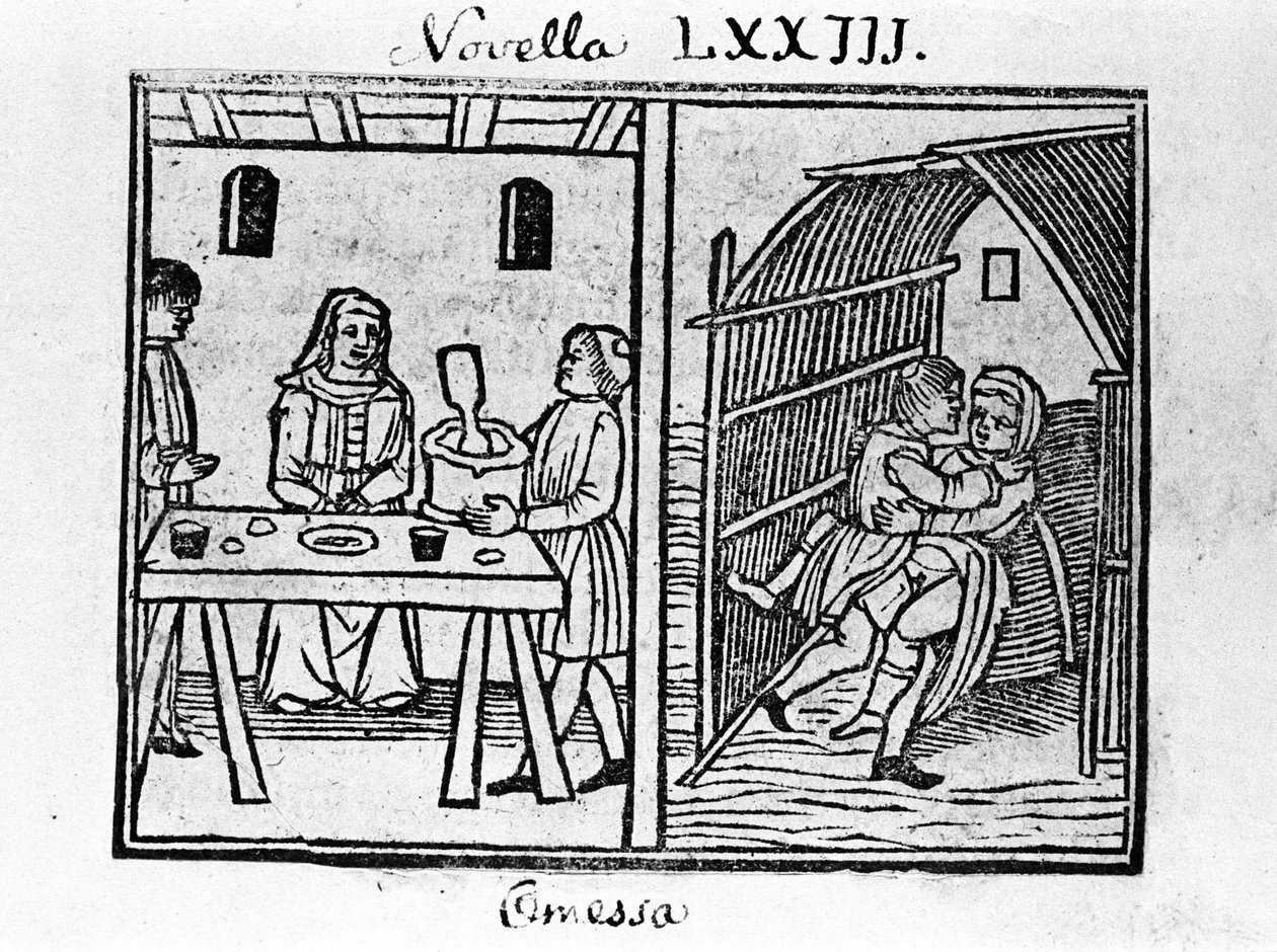 Ilustrace ke zprávě 73 (Nová 3 osmého dne) „Dekameronu“ od Giovanniho Boccaccia dit Jean Boccaccia (1313-1375), italského spisovatele. Rytina v "" Decamerone ouer Cento nouelle "" Benátky, Bartolomeo de 