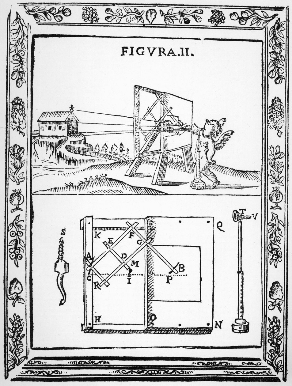 Ilustrace nápadu Giulia Troilise používat pantograf ke kreslení v perspektivě, z originálu vydaného v roce 1683 od Italian School
