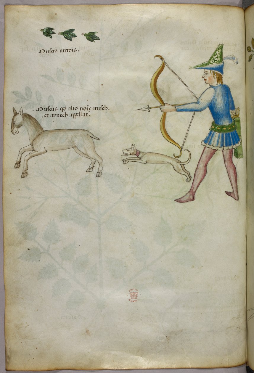 Ilustrace muže s lukem střílejícího na zvíře, se psem a ptáky nad ním, asi 1440 (tuš a barva na pergamenu) od Italian School