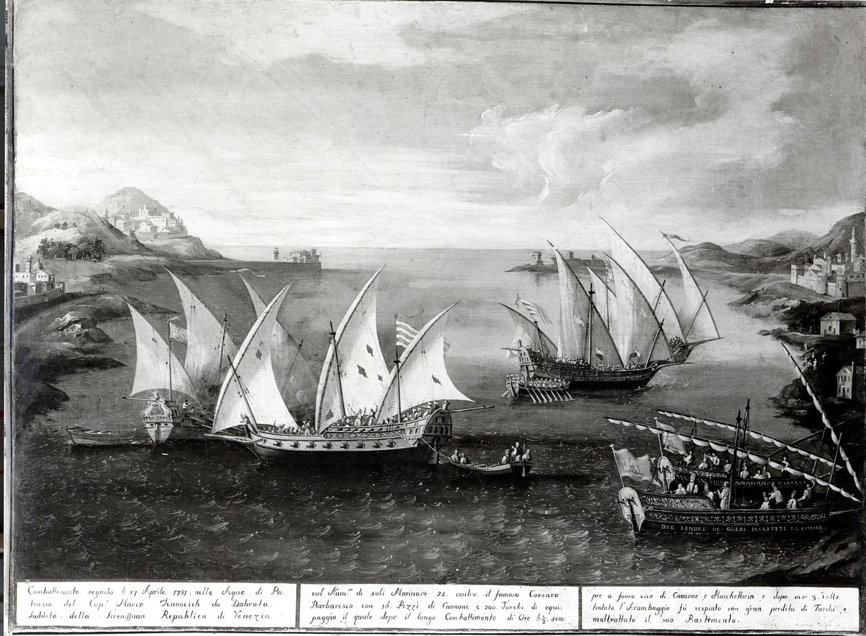 Incident u Patrasu mezi benátským kapitánem Ivanovičem da Dabrotou a tureckým pirátem Barbarossou, 17. dubna 1751 od Italian School