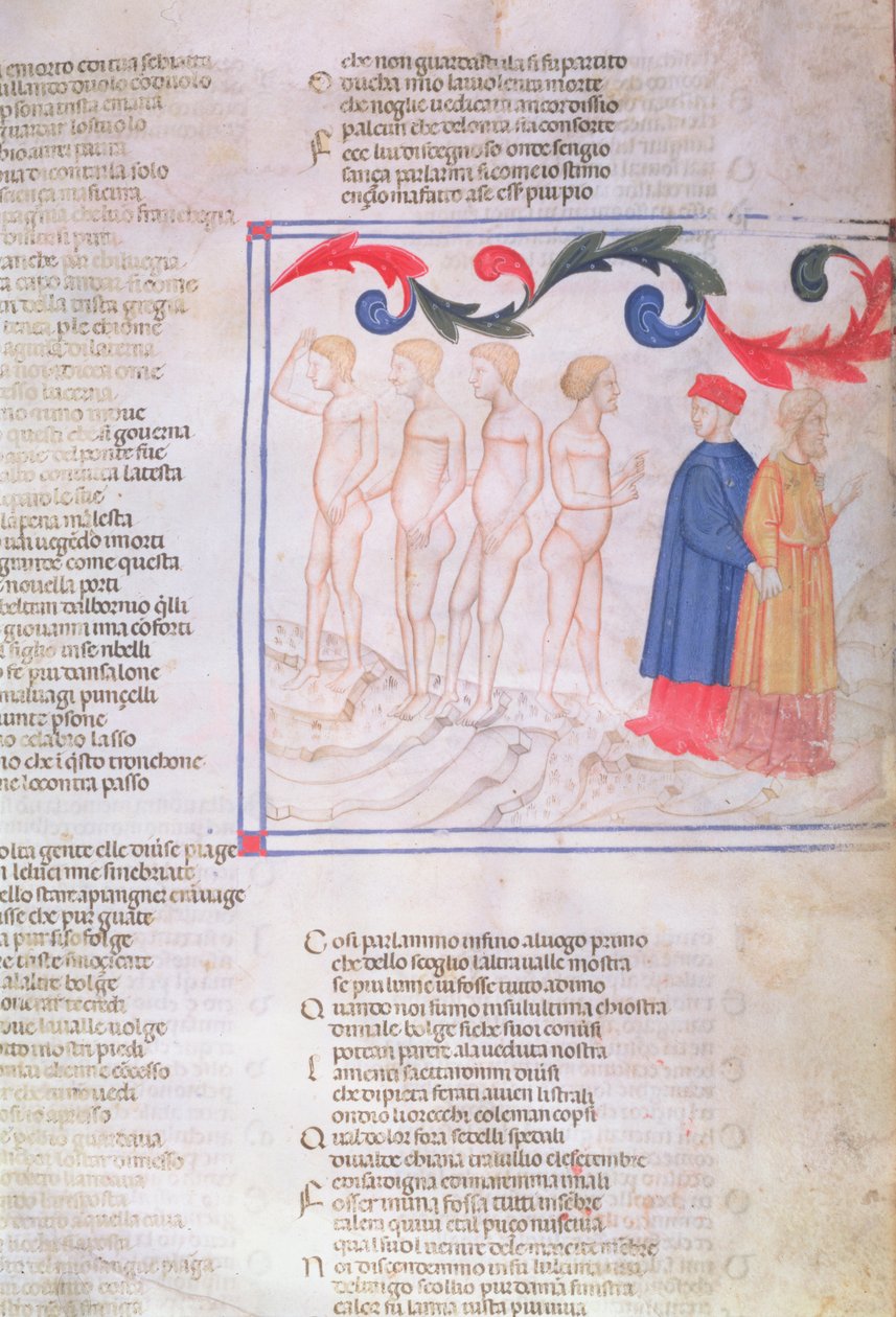 Inferno XXIX f.21r Geri del Bello v kruhu falzifikátorů, z Božské komedie od Dante Alighieriho (1265-1321) od Italian School