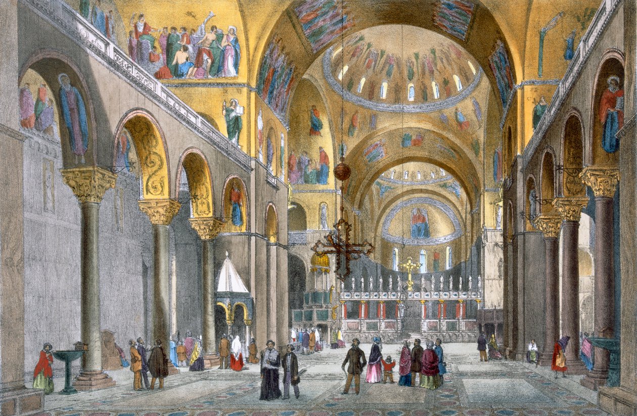 Interiér baziliky San Marco, při pohledu na kupoli, z Pohledů na Benátky od Cecchiniho, Pividora a Violy, kolem roku 1850 (ručně kolorované lito) od Italian School