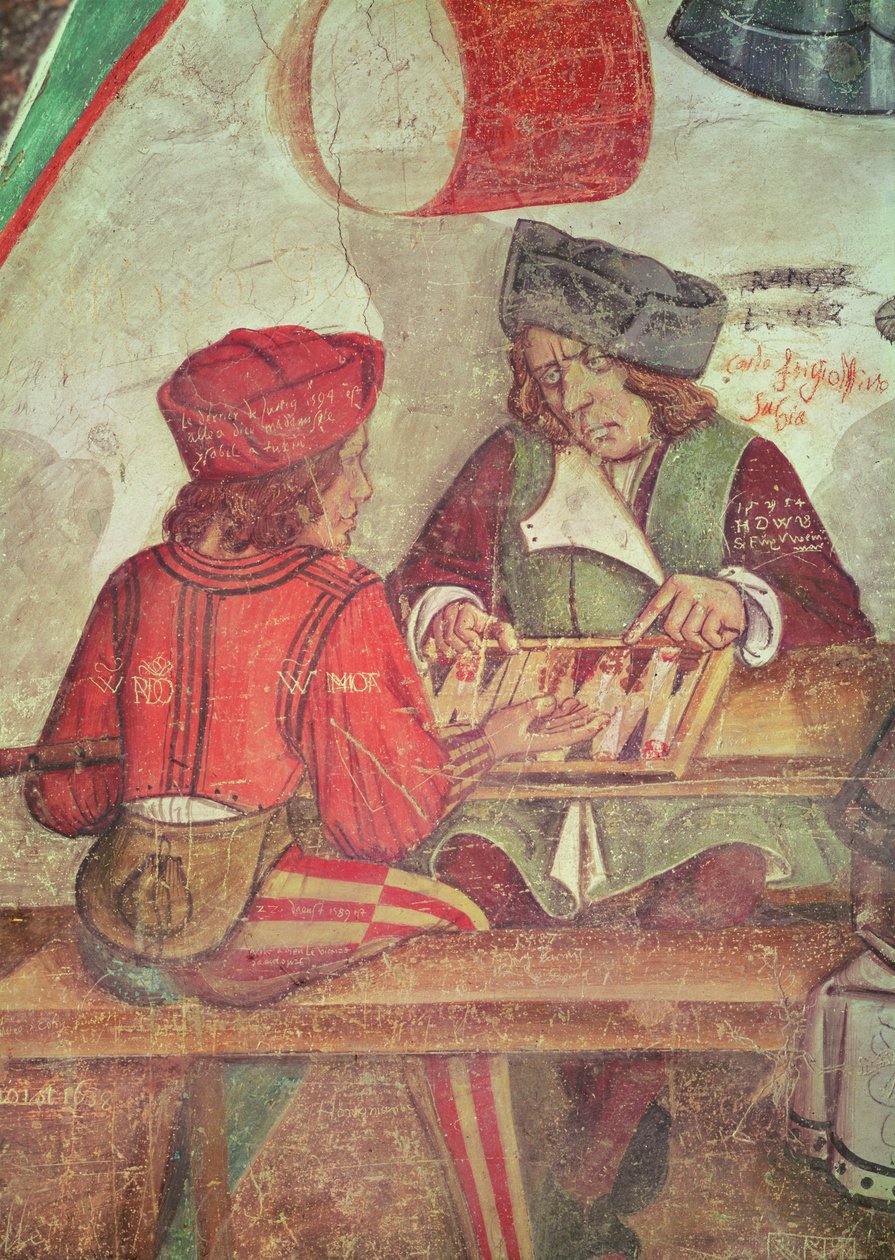 Interiér hostince, detail hráčů vrhcáby (freska) od Italian School