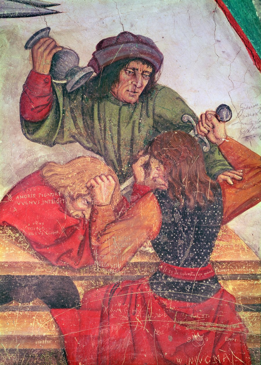Interiér hostince, detail bojujících pijáků (freska) od Italian School