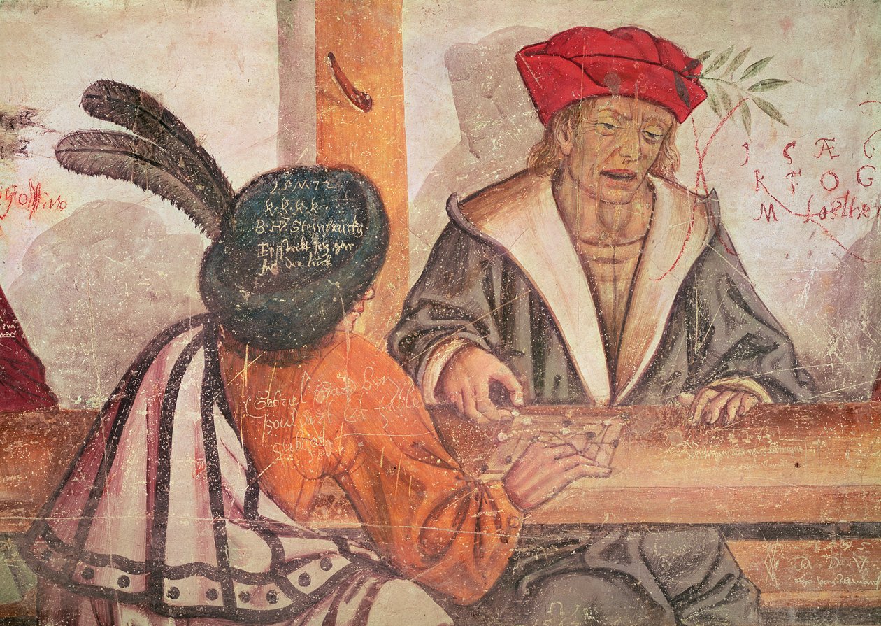 Interiér hostince, detail dvou mužů hrajících deskovou hru (freska) od Italian School