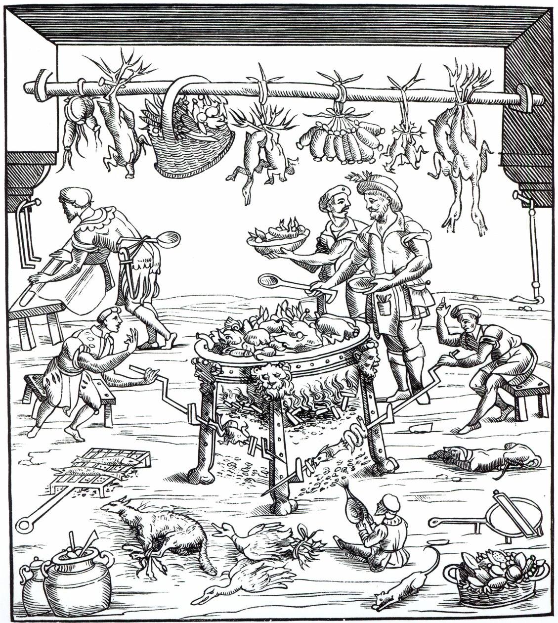 Interiér italské kuchyně podle dřevorytu v Banchetti compositioni di Vivende od Christoforo di Messisburgo, vydáno 1549 od Italian School