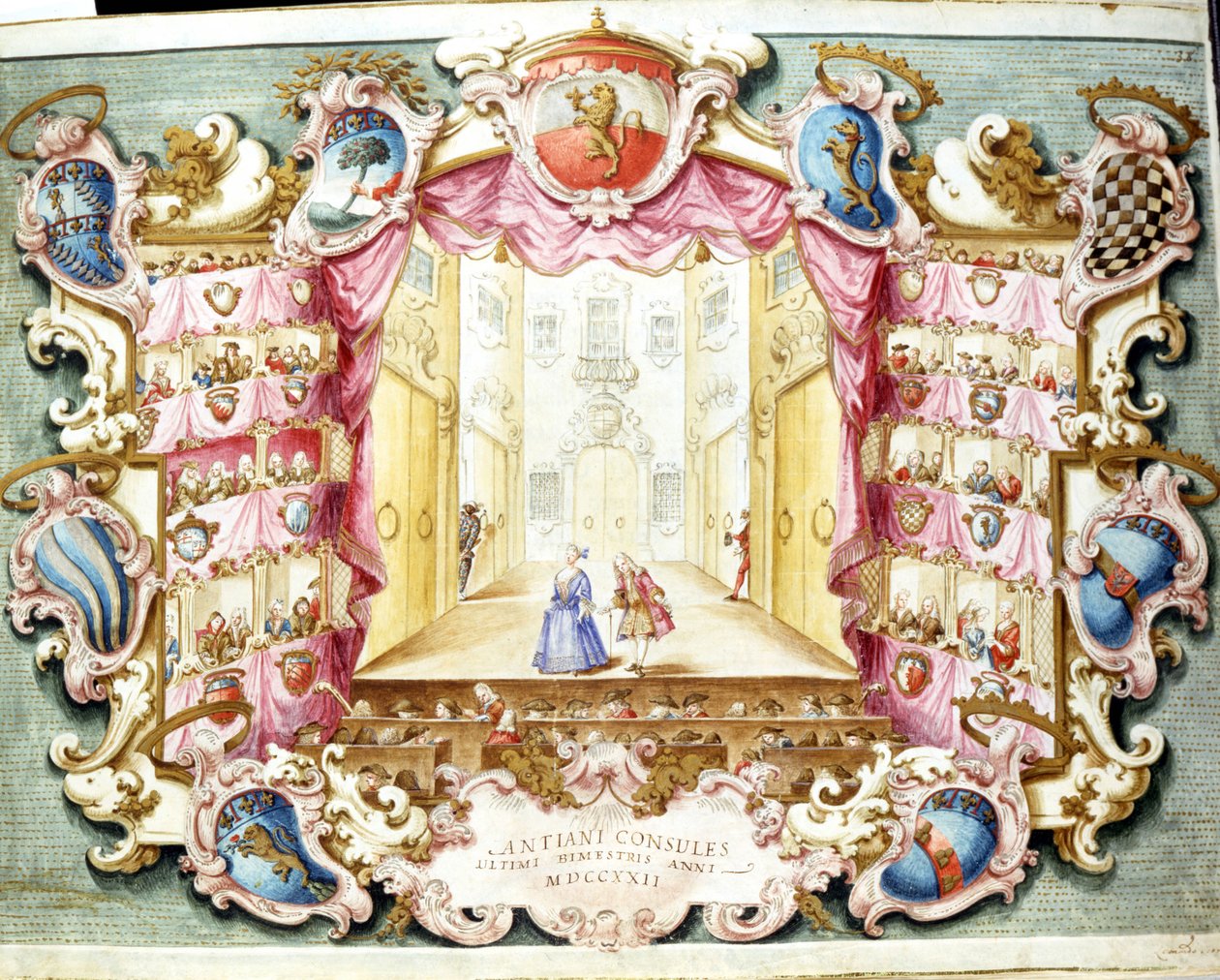 Interiér divadla de la Sala v Bologni v roce 1722. Dobový tisk. Státní archiv, Bologna. od Italian School