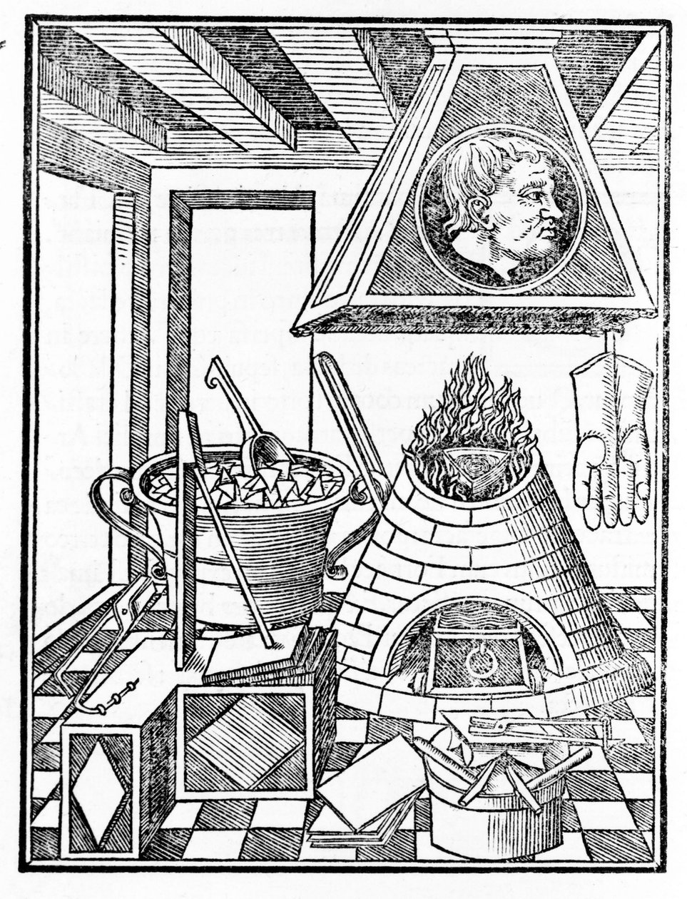 Vnitřní pohled na hutní dílnu Rytina z „Voarchadumia contra alchimiam ars differenta ab archimia et sophia...“ od Giovanniho Agostina Panthea (1517-1535) od Italian School