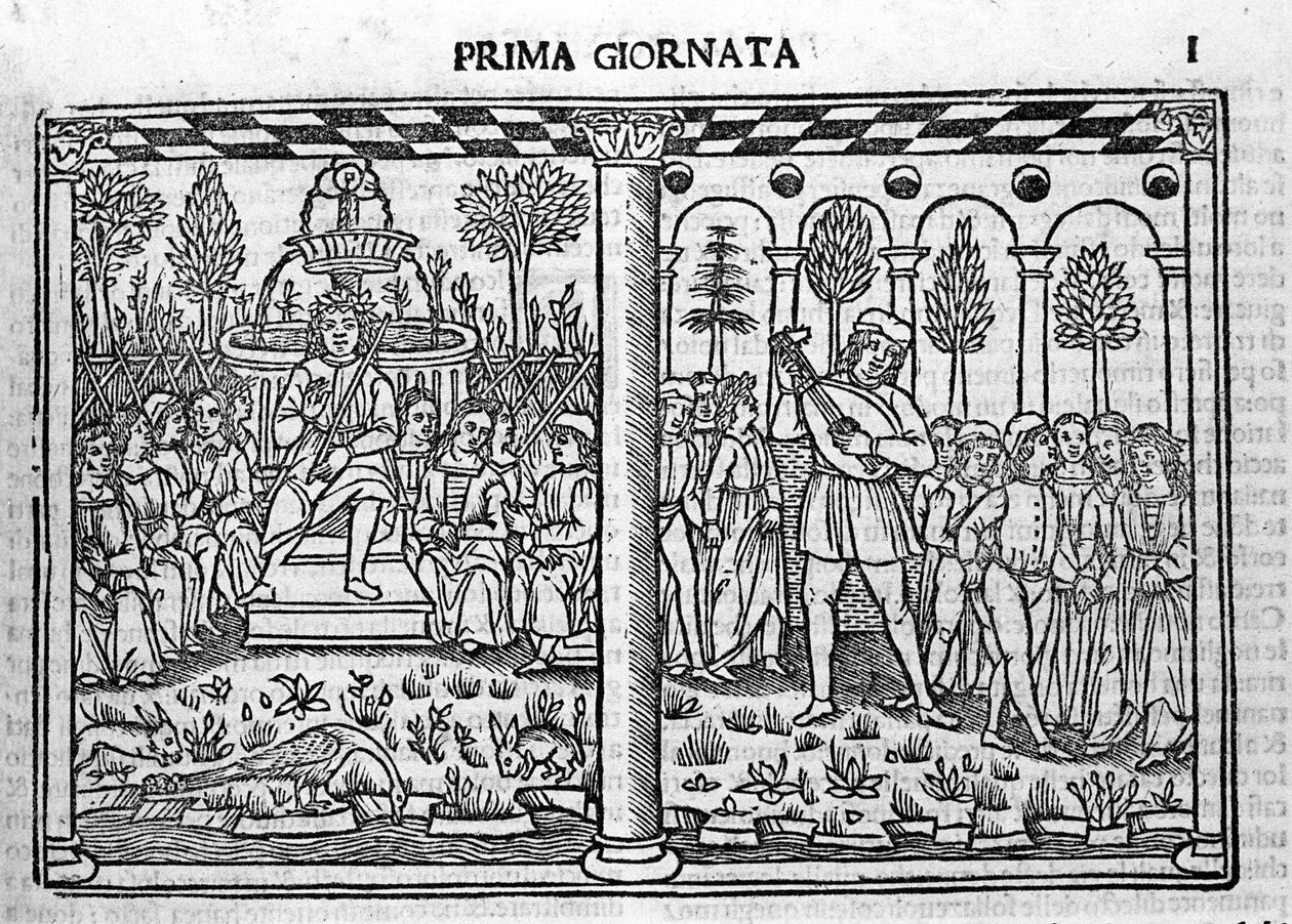 Úvod: Reprezentace autora Dekameronu obklopuje deset mladých lidí. Ilustrace prvního dne Dekameronu (1349-1351) od Giovanniho Boccaccia nebo Jeana Boccace (1313-1375), rytina v „“ Decamerone ouer Cento nouelle““ Benátky, Bartol od Italian School