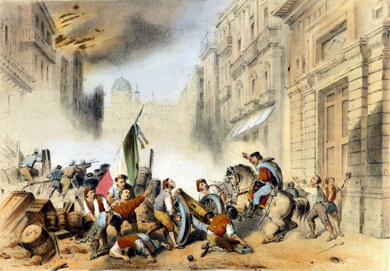 Italská jednota: 26. 5. 1860 Giuseppe Garibaldi v čele svých červených košil, Tisíc, vstoupil do Palerma na Sicílii a zasadil rozhodující úder království Bourbonů z Neapole. Rytina 19. století od Italian School