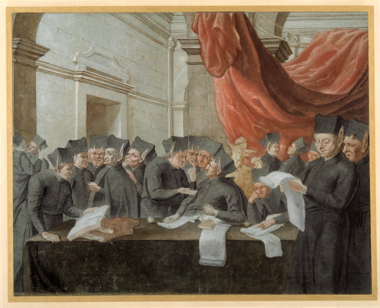 Jezuité v konkláve, hádají se o účty (pero a inkoust s akvarelem na papíře) od Italian School