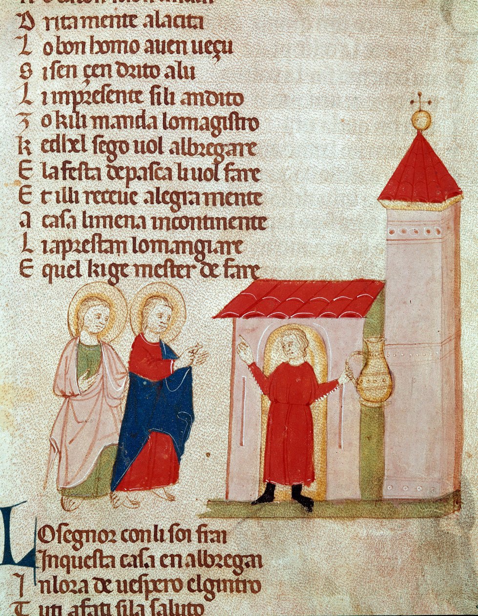 Joseph a Mary hledají azyl Miniatura z "" Del novo e del vedre testamento "" od Pietra da Barsegape (13. století) Milán 14. století, Biblioteca Braidense od Italian School