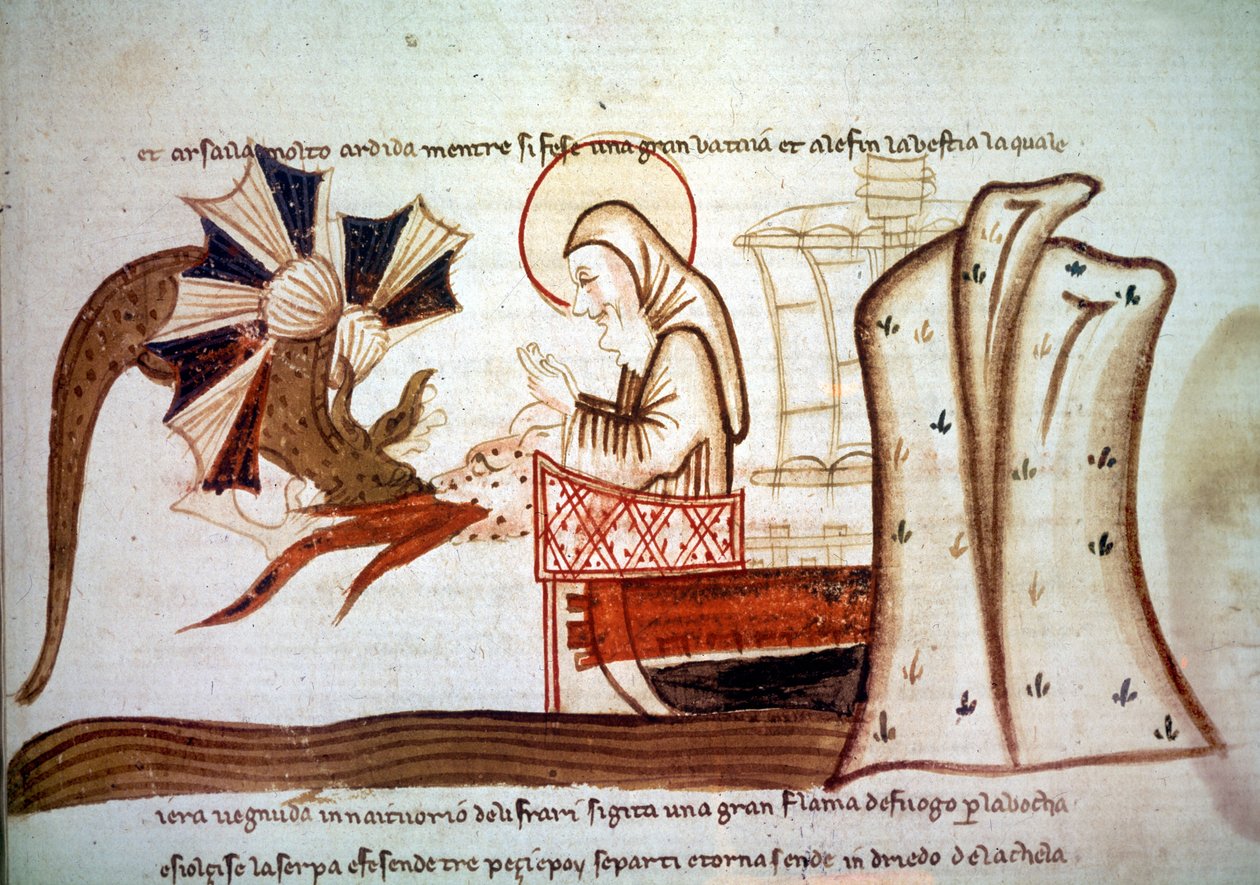 Journey of Saint Brandan - Setkání svatého Brendana (Brandana), mnicha navigátora 6. století s létajícím mořským monstrem. rukopis Benátky, 2. polovina 14. století Paříž, BNF, Rukopisy, italština 1708, f. 16 od Italian School