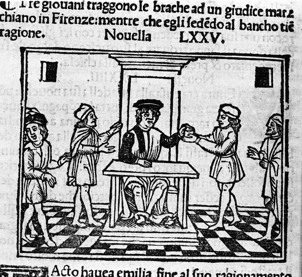 Scéna soudu ve Florencii. Ilustrace pro novinky 75 (Nová 5 osmého dne) „Dekameronu“ od Giovanniho Boccaccia dit Jean Boccaccia (1313-1375), italského spisovatele. Rytina v „” Decamerone ouer Cento nouelle”” Benátky, Bartolomeo de 