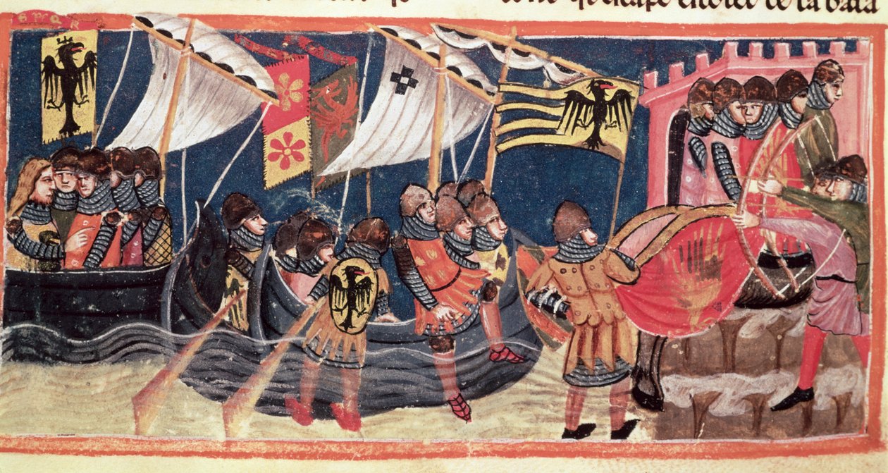 Julius Caesar (100-44 př.nl) přistání v Anglii, z Le Vite di Dodici Cesari od Gaia Suetonius Tranquillus (asi 75-150) od Italian School