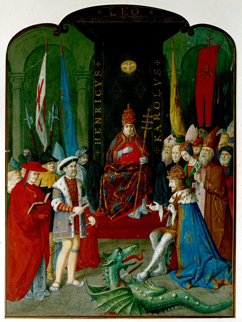 Král Jindřich VIII ve sporu s císařem Karlem V. před papežem Lvem X. Jindřich drží roli, kterou může být bula z roku 1521, která mu uděluje titul 