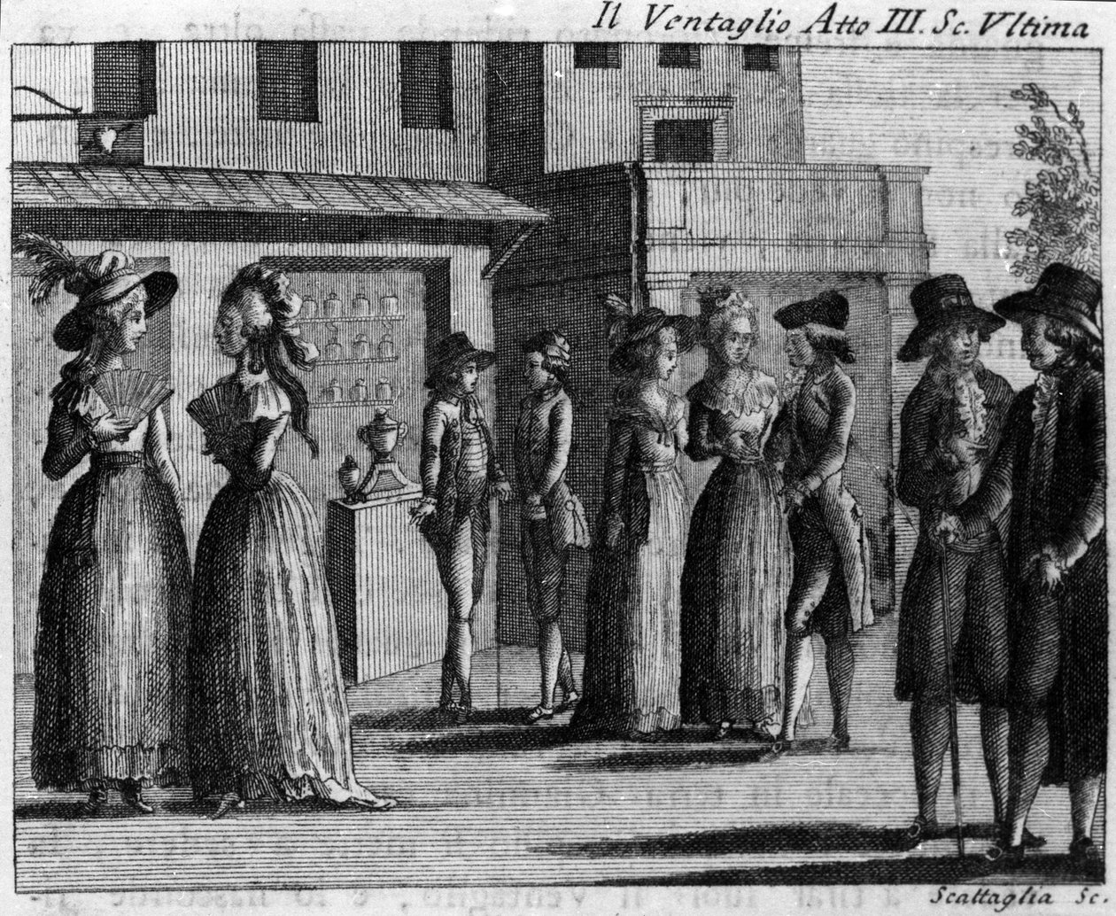 Poslední scéna třetího dějství komiksu „Il ventaglio““ (Událost) (1764) od Carla Goldoniho (1707-1793). Rytina 18. století od Italian School