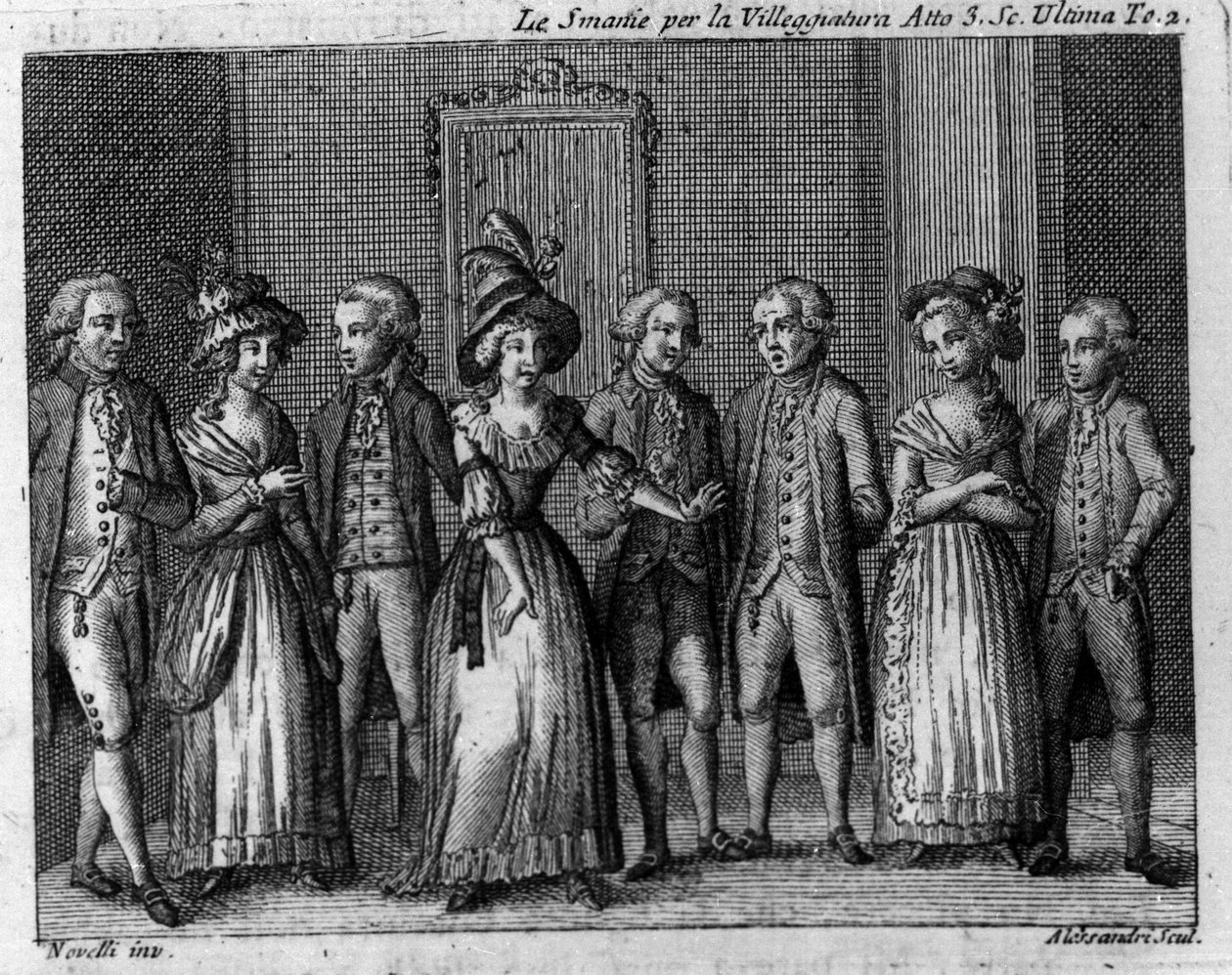 Poslední scéna třetího dějství komiksu „Le smania per la villeggiatura““ (Město) (1761) od Carla Goldoniho (1707-1793). Rytina 18. století od Italian School