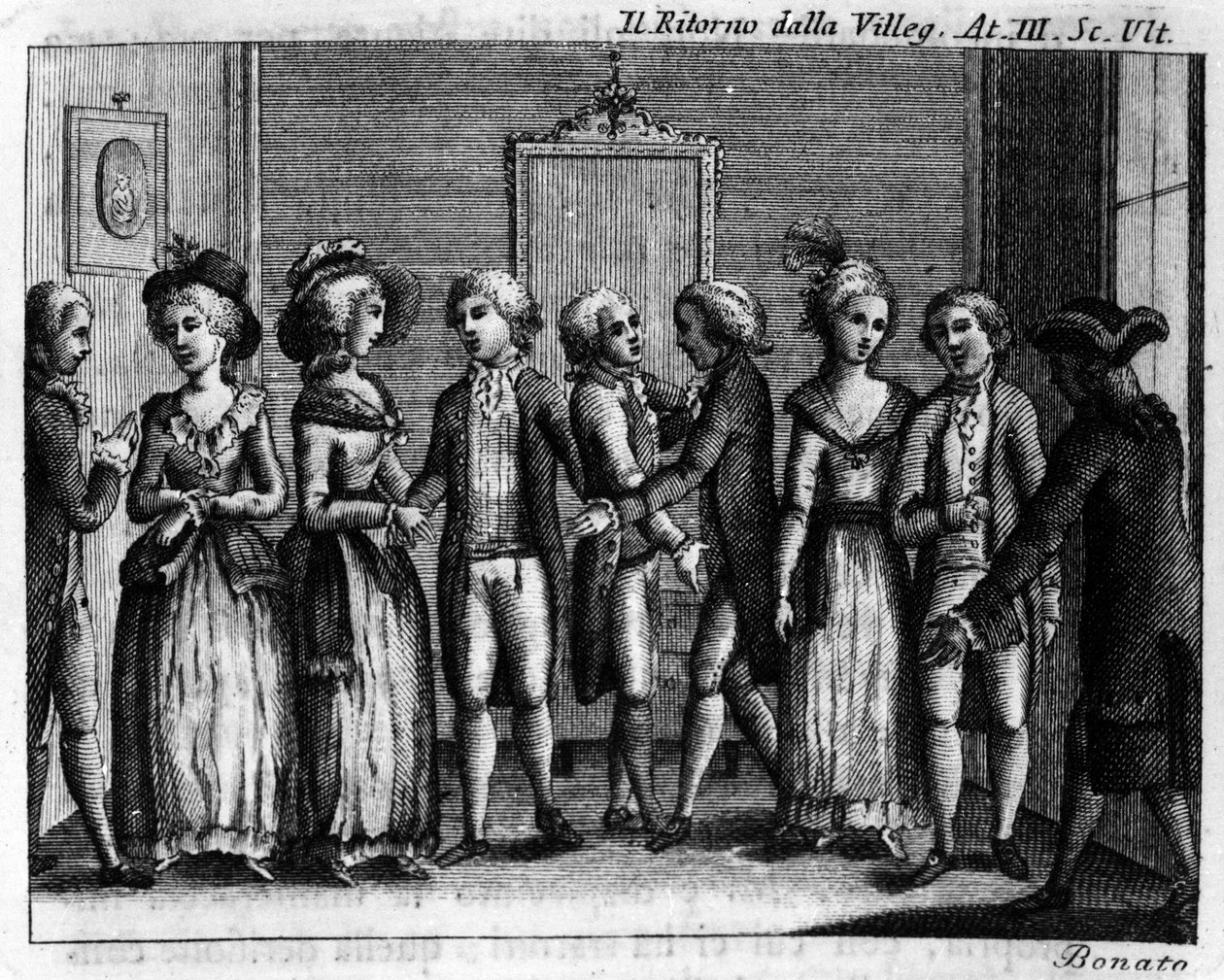 Poslední scéna třetího dějství komiksu „Ritorno della villeggiatura“ (Návrat města) (1761) od Carla Goldoniho (1707–1793). Rytina 18. století. od Italian School