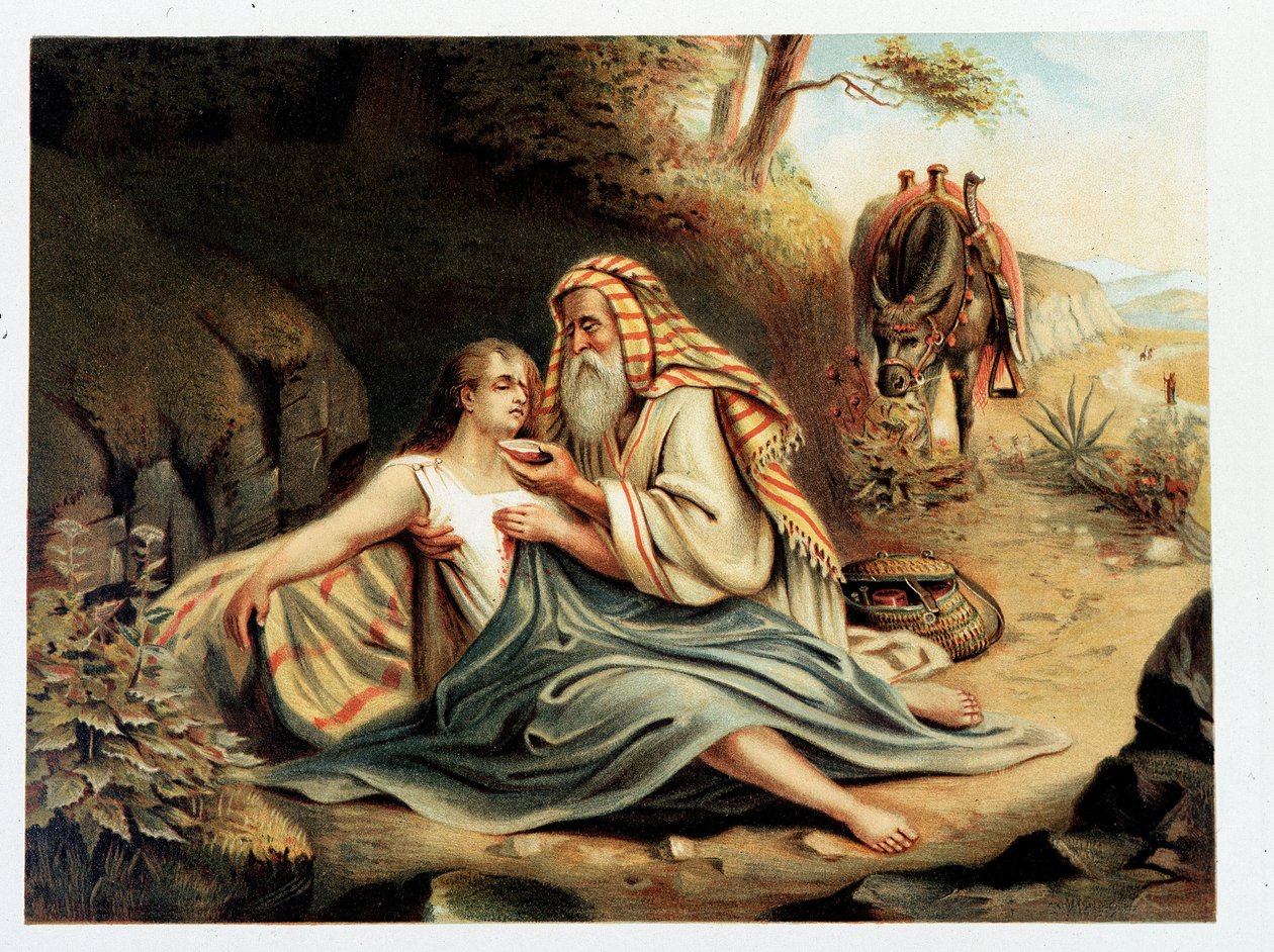 Le Bon Samaritan - v „“ Zlaté klasické Bibli: Historie Božího zjevení ve starověku a v novém úsilí“ od Giovanniho Ladislao Sykory (vol. 2), přeložil Don Clemente Benetti. (italská bible) od Italian School