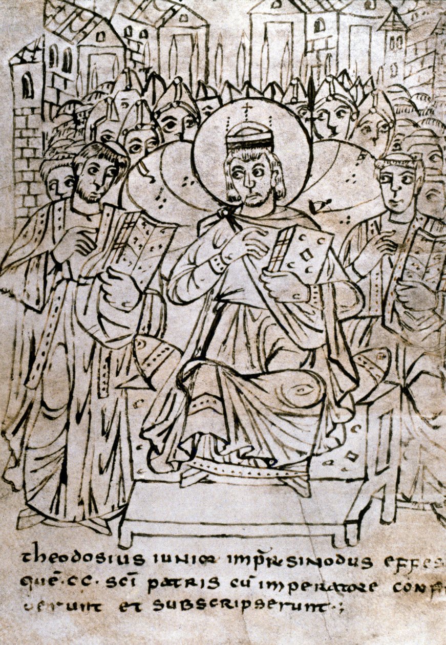 Lombardské umění: „“ Císař Theodosius II. (401-450), vnuk Theodosia I., na koncilu v Efesu dne 22. 6. 431 odsuzující nestorianismus (patriarchy Nestória nebo Nestoria)“ Kresba perem na pergamen čerpá z smlouva o kanonických právech. 9t od Italian School