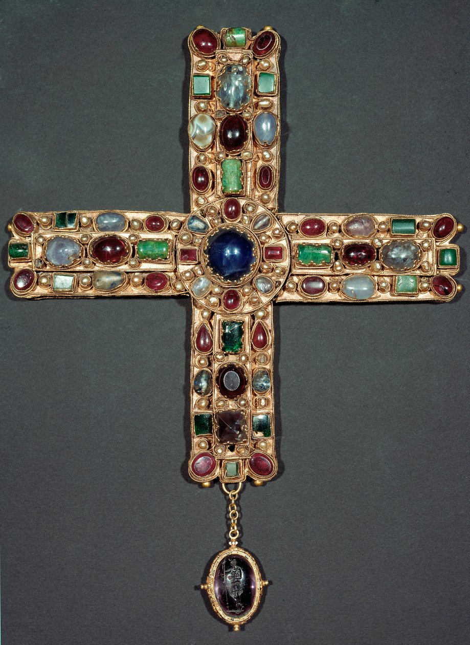 Lombardské umění: Zlatý kříž a kameny z Berengaria (Berenger) (850-924) italský král a císař Svaté říše. Monza 9. století, Muzeum katedrály – lombardské umění: kříž ze zlata a drahých kamenů z Berengaria (Berenger) (850-924), král Itálie od Italian School