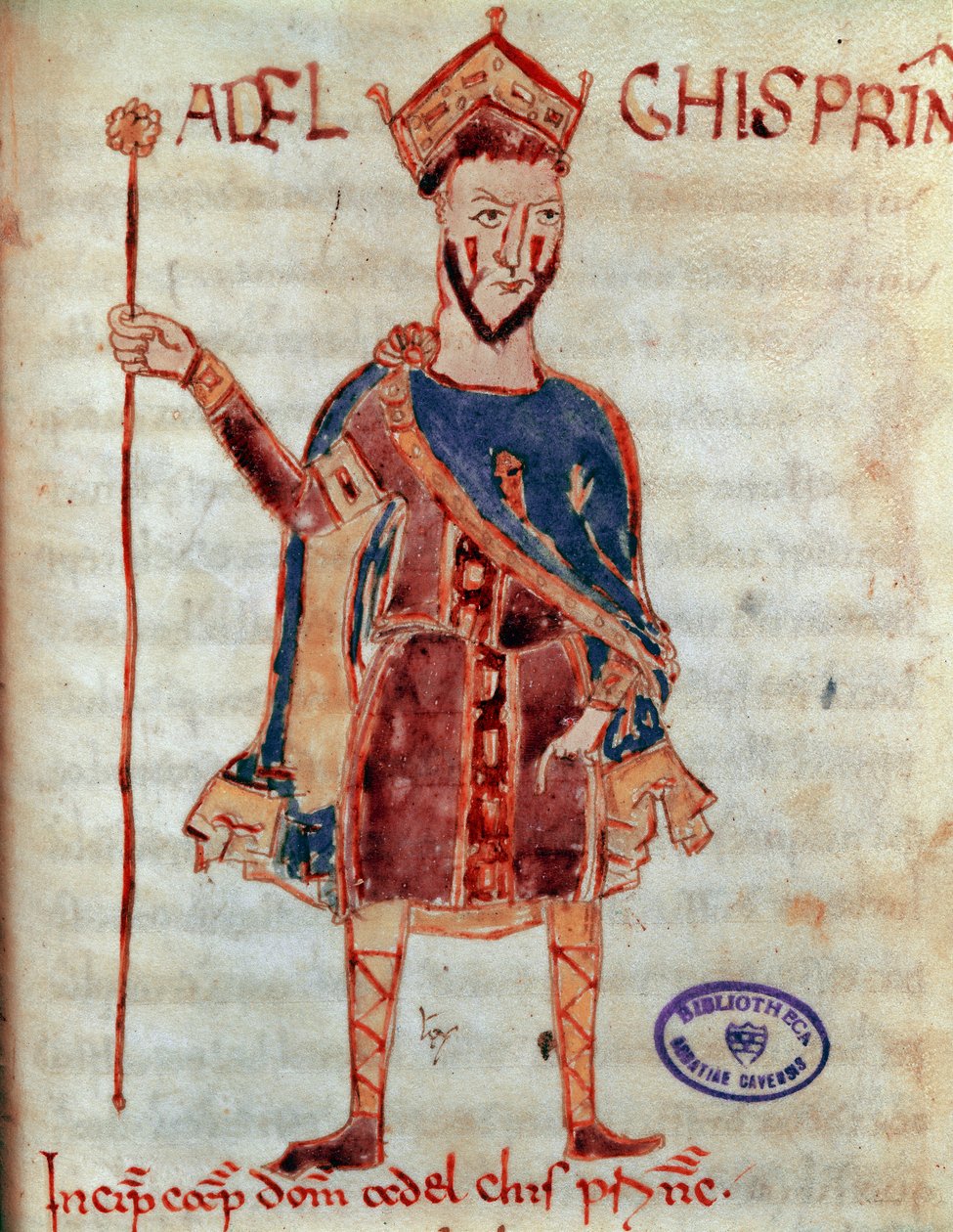 Lombardský princ Adalgis (zemřel 788) Miniatura z „“ Codex Legum Longobardorum““ (nebo Langobardorum) popisující zákony lombardského království založeného králem Rotharim od Italian School
