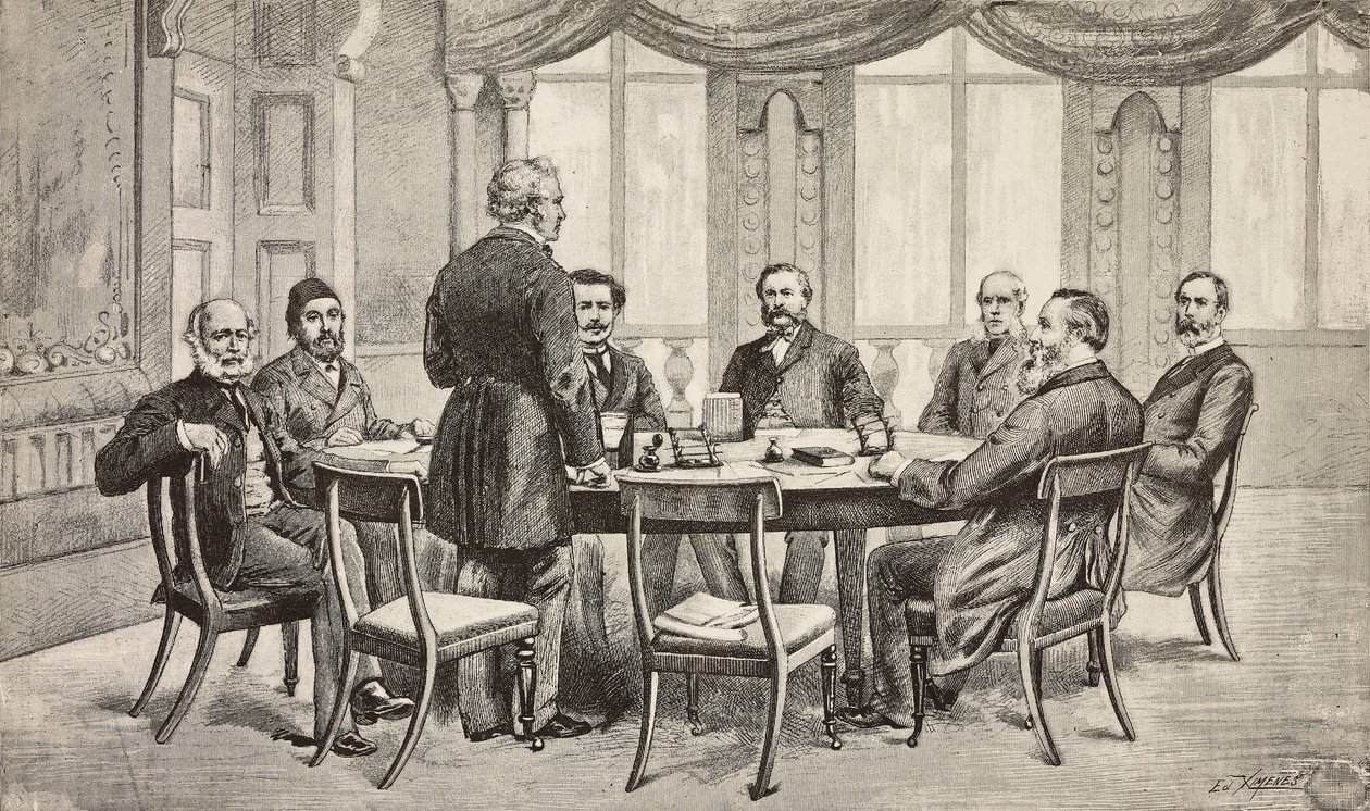 Londýnská konference o Egyptě, Spojené království: hrabě Munster, Musurus Pasha, Granville (stojící), hrabě Nigra, Waddington, De Staal, Childers, hrabě Karolyi, rytina z kresby Edoarda Ximenese, z L