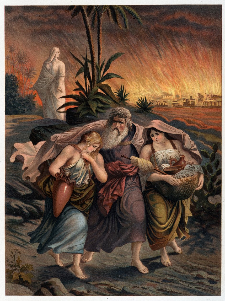 Loth unikne zničení Sodomy se svými dvěma dcerami a jeho žena je proměněna v solnou sochu - v "Zlatá klasická Bible: Historie božského zjevení ve starověku a v nové tezi" "od Giovanniho Ladislao Sykory (vol. 1) , přeložit od Italian School