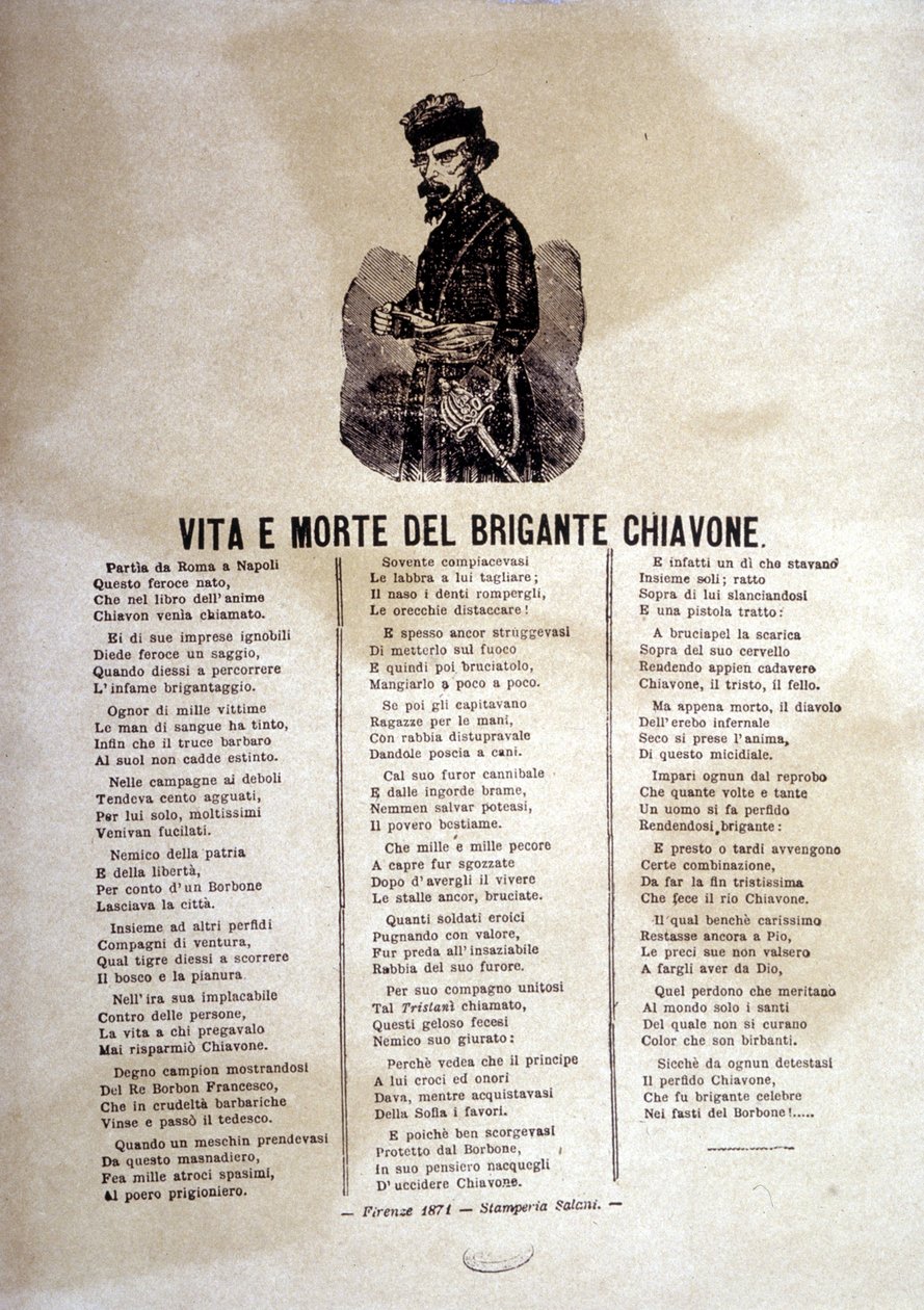 Text populární písně o lupičích z Chiavone od Italian School