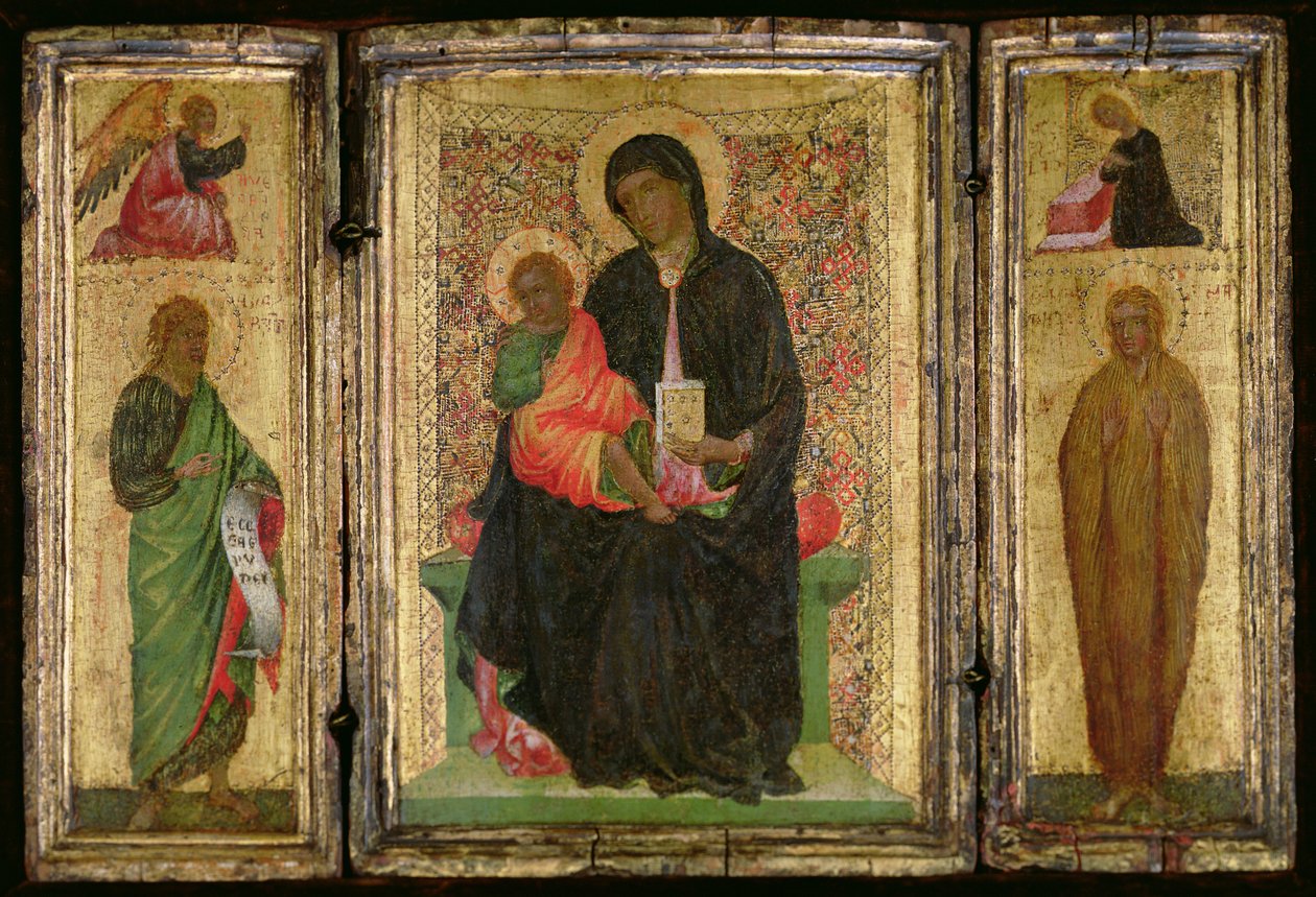 Madona s dítětem na trůnu s (L-R) sv. Janem Křtitelem s andělem Zvěstování nahoře a sv. Máří Magdalénou s Pannou Zvěstovatelkou, kolem 1360-70 (tempera na panelu) od Italian School