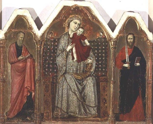 Madonna a dítě na trůnu, s SS. Jan Evangelista a Pavel, Riminese School (triptych panel) od Italian School