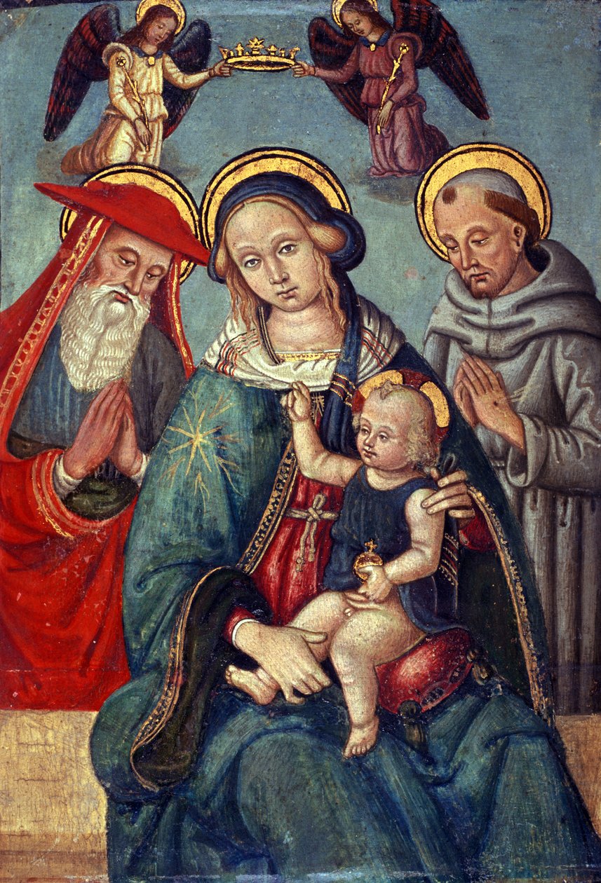 Madona s dítětem korunována dvěma anděly, se sv. Jeronýmem a sv. Františkem, kolem roku 1500 (tempera na topolovém dřevě) od Italian School