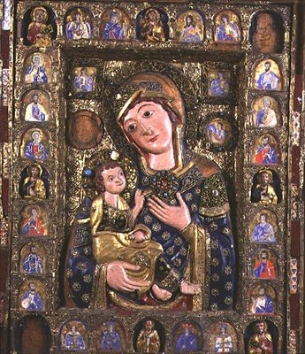 Madona s dítětem s evangelisty a proroky, centrální panel triptychu (dřevo, stříbrný filigrán a smalt) (detail 76918) od Italian School