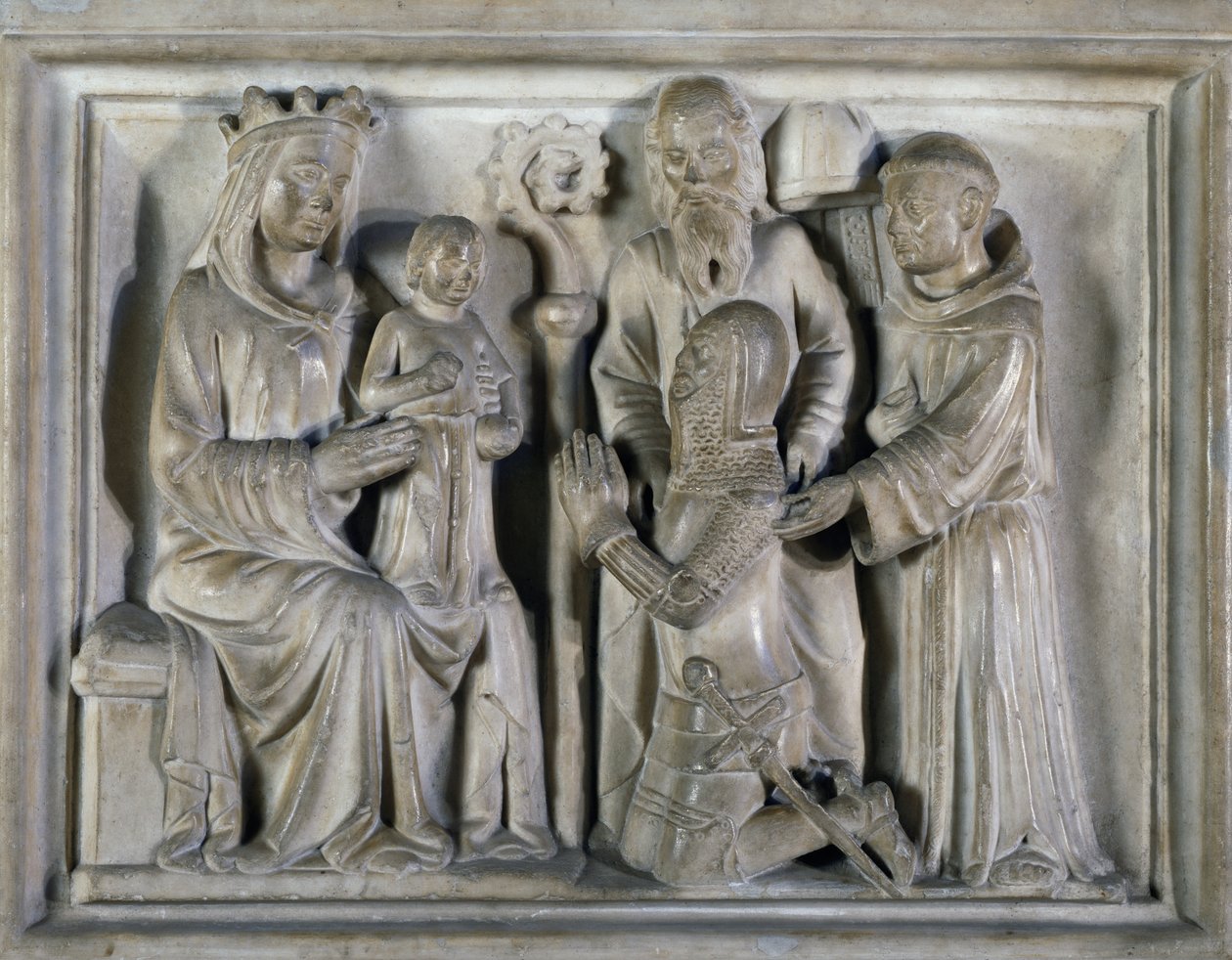 Madonna s dítětem, s válečníkem a světci, reliéf vytvořený mistry Campione. Itálie od Italian School