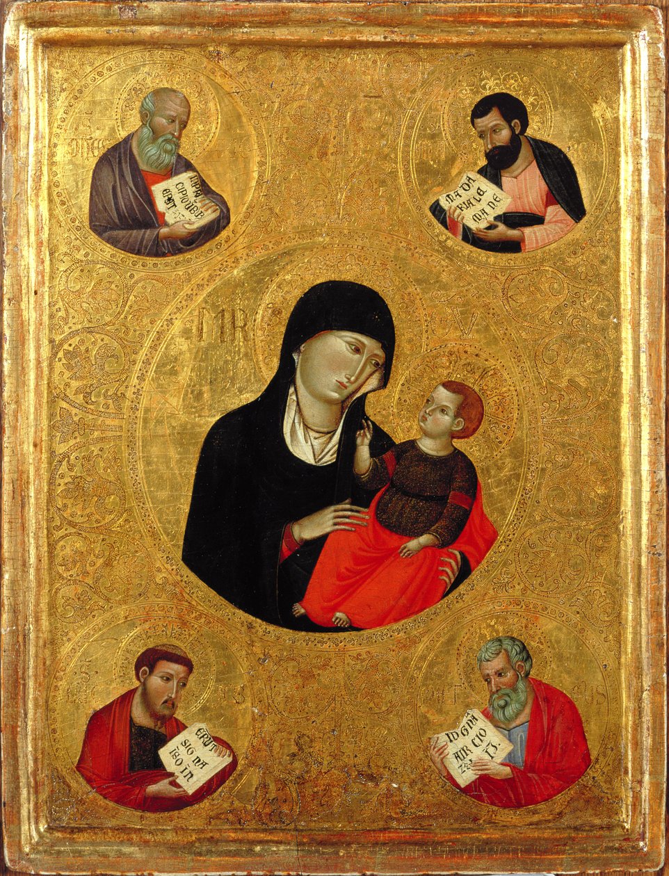 Madonna a dítě se čtyřmi evangelisty (tempera a plátkové zlato na panelu) od Italian School
